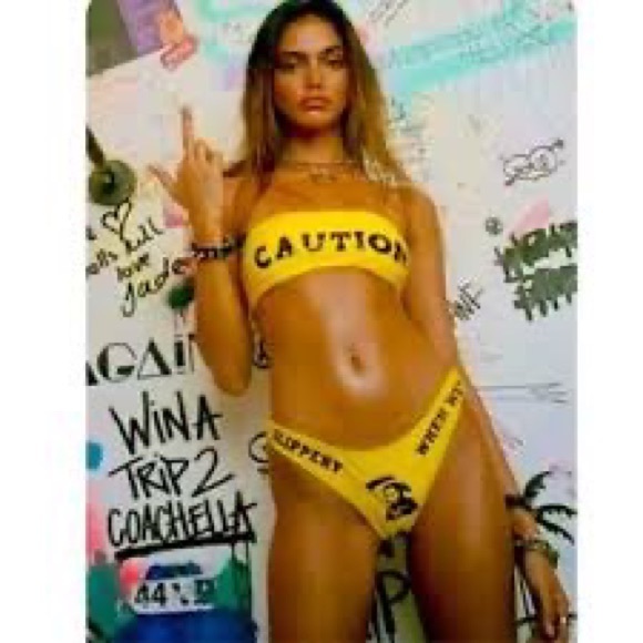 Dolls Kill Yellow Caution Slippery When Wet Bandeau High Leg Bikini Set - Picture 9 of 9